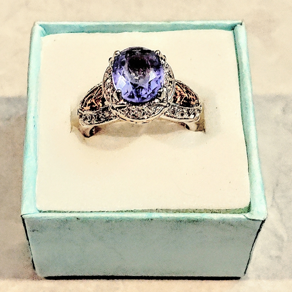 VINTAGE STERLING SILVER 2ct TANZANITE RING WITH DIAMOND CHIPS & 14K GOLD ACCENTS - Picture 4 of 16